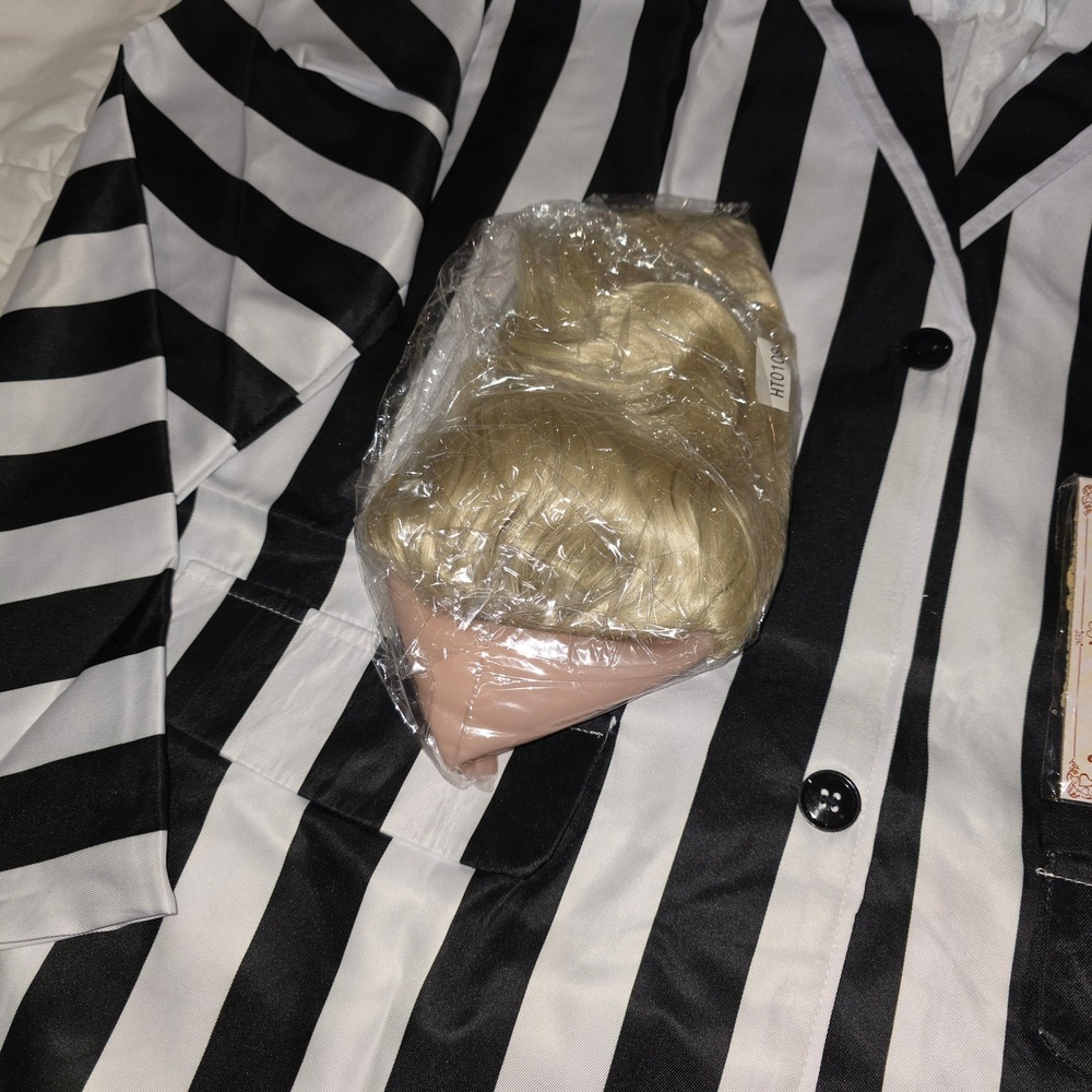 Beetlejuice Costume Set Mens XL Striped Blazer Pants Wig Tie Halloween Cosplay - Picture 4 of 8